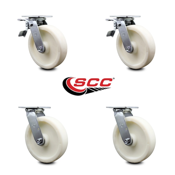 8 Inch Nylon Swivel Caster Set with Roller Bearing 2 Total Lock Brake SCC